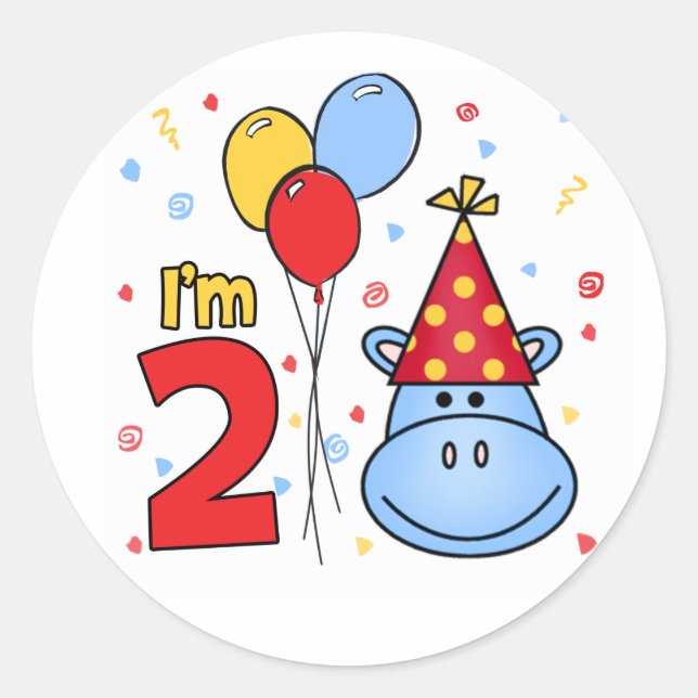 Blue Hippo Face 2nd Birthday Classic Round Sticker (Front)