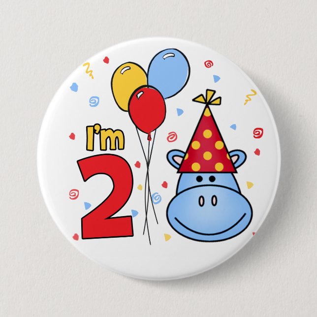 Blue Hippo Face 2nd Birthday Pinback Button (Front)