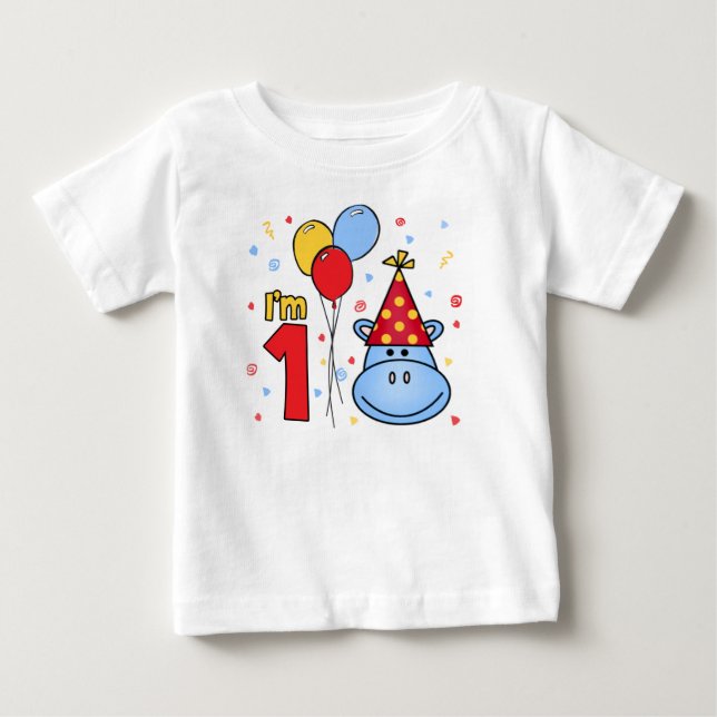 Blue Hippo Face First Birthday Baby T-Shirt (Front)