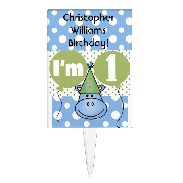 Blue Hippo First Birthday Cake Topper (Front)