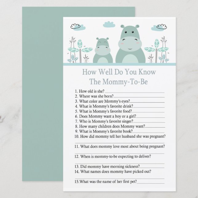 Blue Hippo How well do you know baby shower (Front/Back)