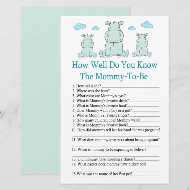 Blue Hippo How well do you know baby shower game (Front/Back)