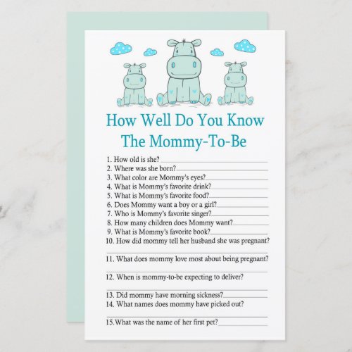 Blue Hippo How well do you know baby shower game