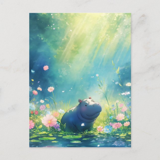 Blue Hippo in Sun Drenched Summer Flower Meadow Postcard (Front)