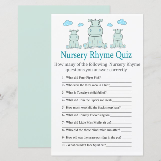 Blue Hippo Nursery Rhyme Quiz baby shower game (Front/Back)
