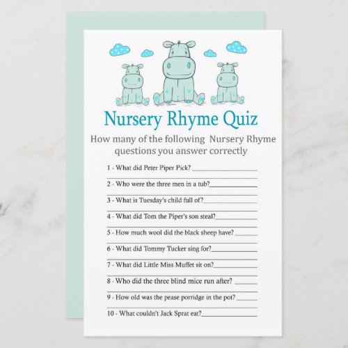 Blue Hippo Nursery Rhyme Quiz baby shower game