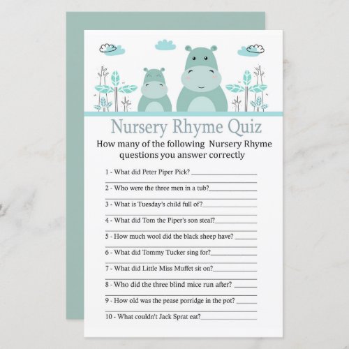 Blue Hippo Nursery Rhyme Quiz baby shower game