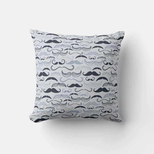 Blue Hipster Mustaches Throw Pillow (Front)