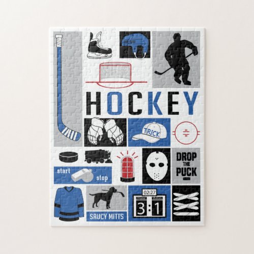 Blue Hockey Elements Stick Puck Player Jigsaw Puzzle