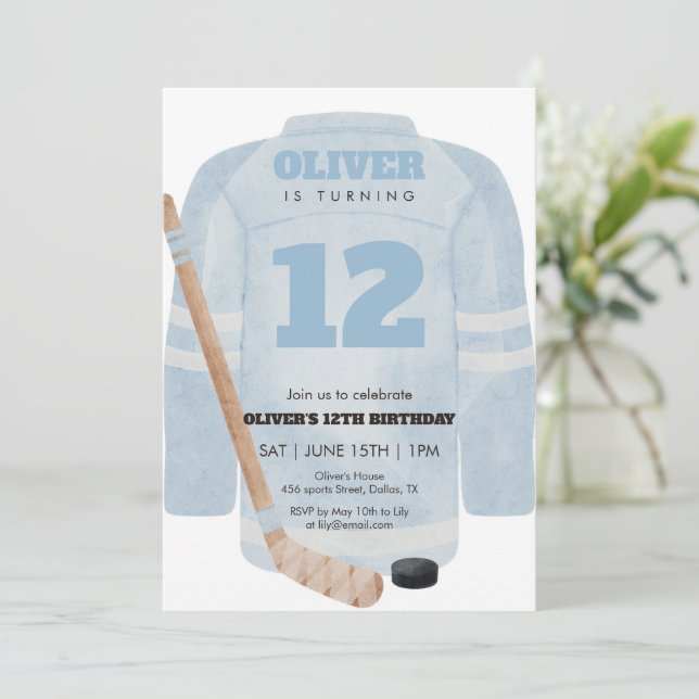 Blue Hockey Jersey Birthday Invitation (Standing Front)