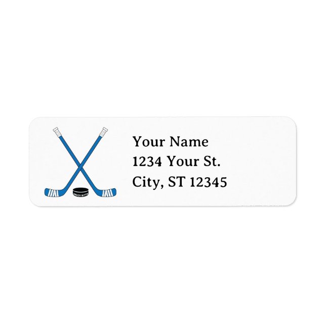 Blue Hockey Sticks and Puck Return Address Label (Front)