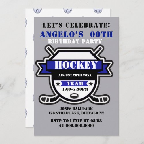 Blue Hockey Theme Birthday Party Invites