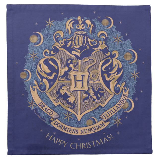 Blue HOGWARTS™ Crest Holiday Wreath Cloth Napkin (Front)