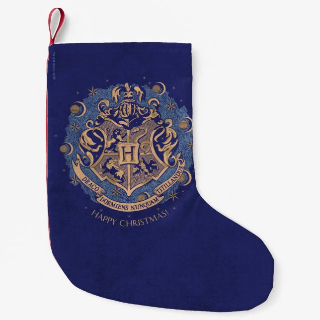 Blue HOGWARTS™ Crest Holiday Wreath Small Christmas Stocking (Front)