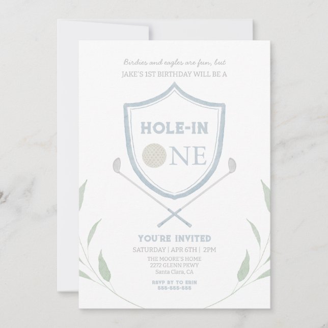 Blue Hole in One Golf 1st Birthday Invitation (Front)