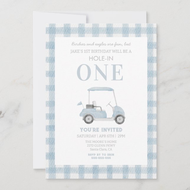 Blue Hole in One Golf Cart Birthday Invitation (Front)