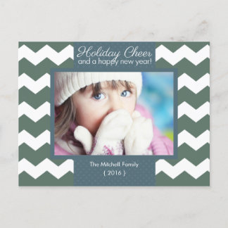 Blue Holiday Cheer Chevron Photo Holiday Postcard