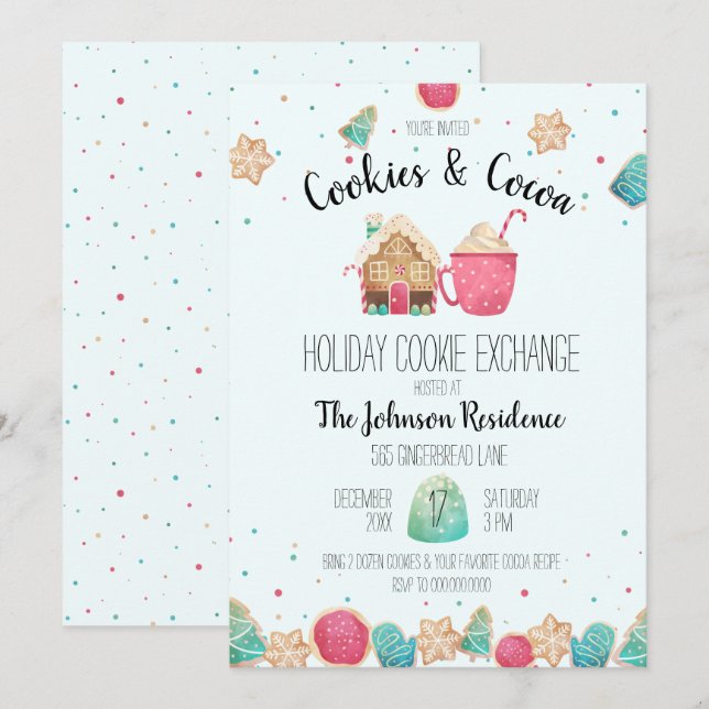 Blue Holiday Cookie Exchange Cookies & Cocoa Party Invitation (Front/Back)