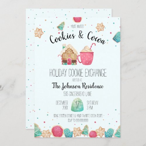 Blue Holiday Cookie Exchange Cookies  Cocoa Party Invitation