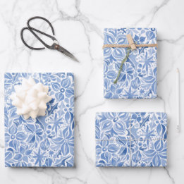Blue Holiday Floral Wrapping Paper Sheets