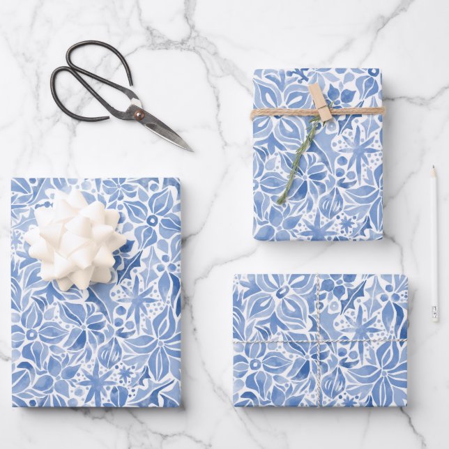 Blue Holiday Floral Wrapping Paper Sheets (Front)