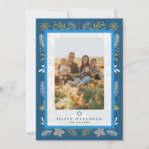 Blue Holiday Foliage Happy Hannukah Photo Card