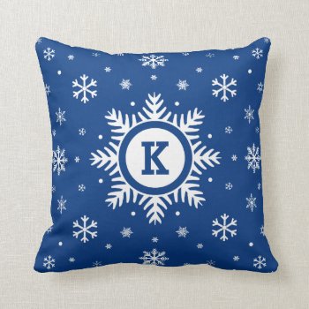 Blue Holiday Monogram Winter Snowflake Pillow by inkbrook at Zazzle