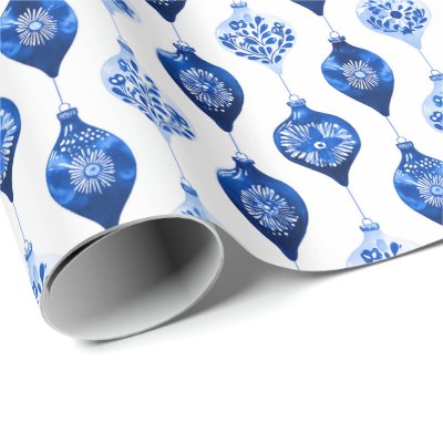 Blue Holiday Ornament Pattern Wrapping Paper
