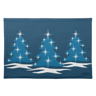 Blue Holiday Place Mats Christmas Trees Decor