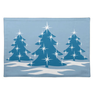 Blue Holiday Place Mats Christmas Trees Decor