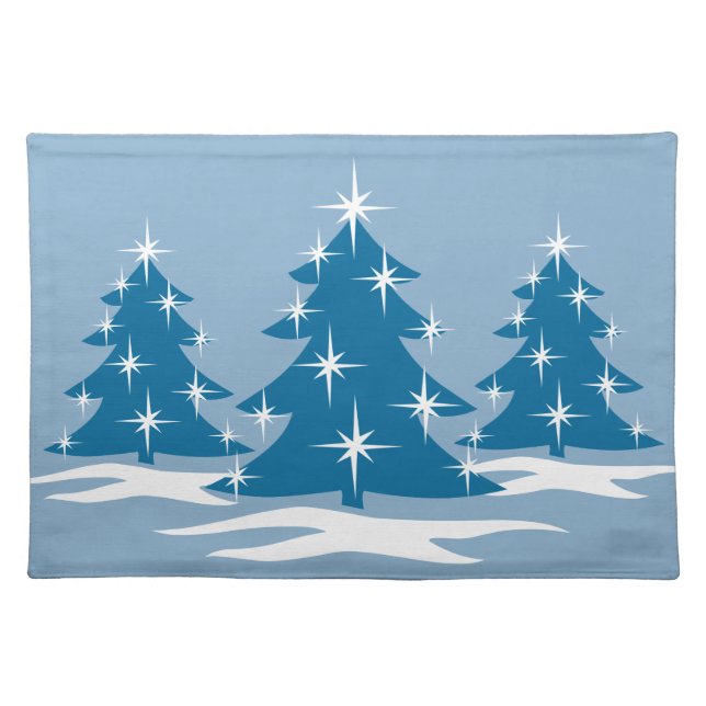 Blue Holiday Place Mats Christmas Trees Decor (Front)