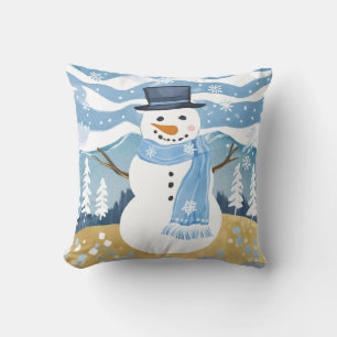 Blue Holiday Snowman Christmas Winter Throw Pillow
