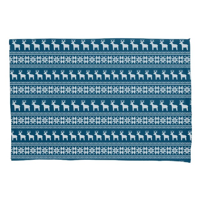 Blue Holiday Winter Snowflake Reindeer Pattern Pillow Case (Front)