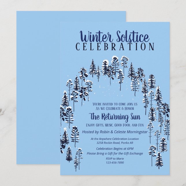 Blue Holiday Winter Solstice Snow Forest Party Invitation (Front/Back)