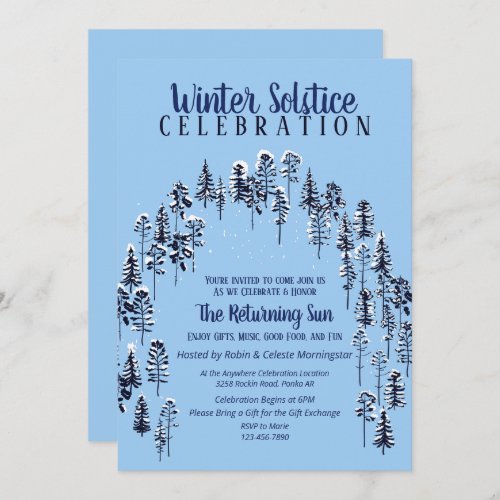 Blue Holiday Winter Solstice Snow Forest Party Invitation
