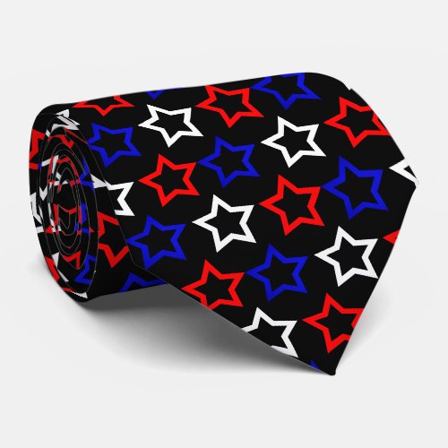 Blue Hollow Star Pattern Over Black Background Neck Tie