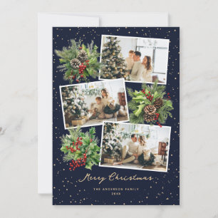 Blue Holly Berries Pine Cones Photo Christmas Card