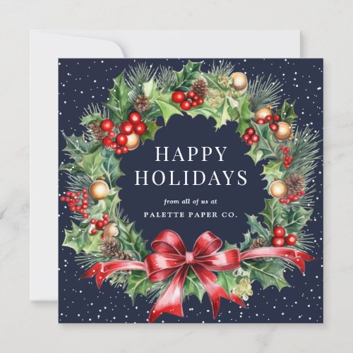 Blue Holly Berry Botanical Wreath Business Holiday Card