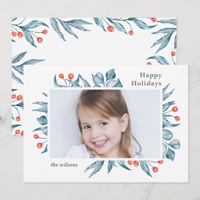 Blue Holly Berry Modern Minimal Photo  Holiday Card (Front/Back)