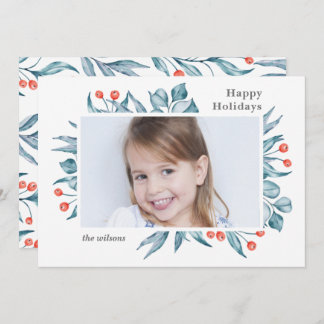 Blue Holly Berry Modern Minimal Photo Holiday Card