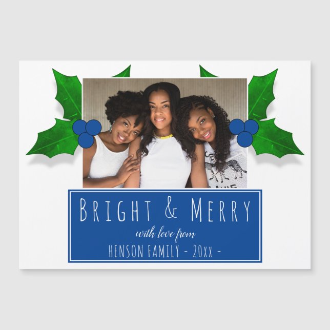 Blue Holly Berry Plant Leaves Christmas Photo Card (Front)