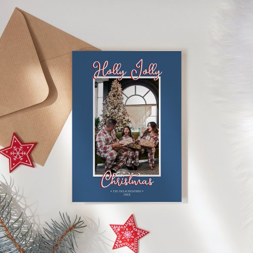 Blue Holly Jolly Christmas Family Photo Holiday Card