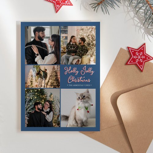Blue Holly Jolly Christmas Five Photo Collage Holiday Card