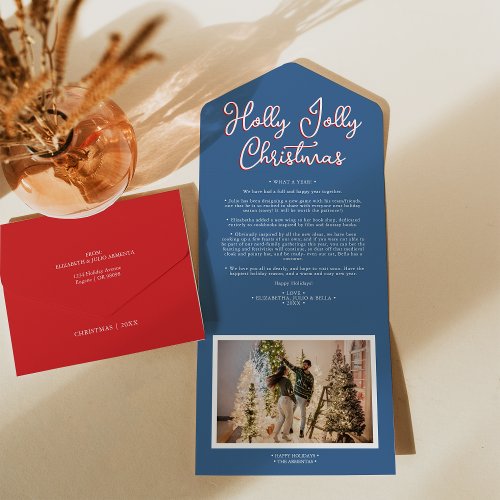 Blue Holly Jolly Christmas Four Photo Family News All In One Invitation