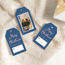 Blue Holly Jolly Christmas Photo and Family Name Gift Tags