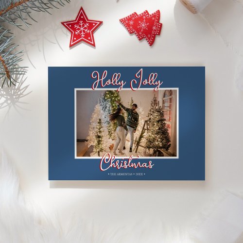 Blue Holly Jolly Christmas Photo and Letter Holiday Card
