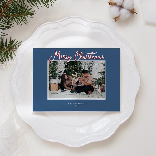 Blue Holly Jolly Merry Christmas Photo and Letter Holiday Card