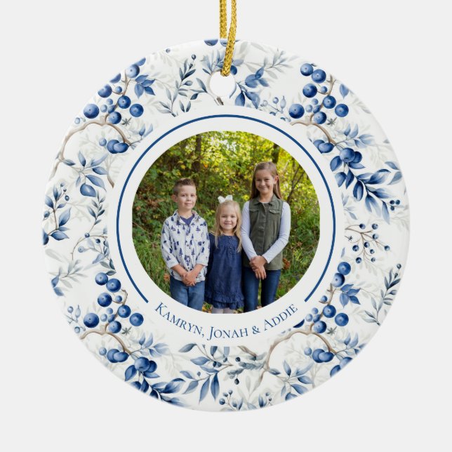 Blue Holly Toile Circle Ornament (Front)