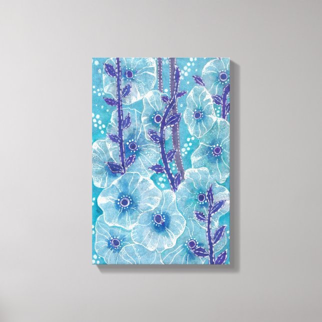 Blue Hollyhock Mallow Malva Flower Floral Painting Canvas Print (Front)