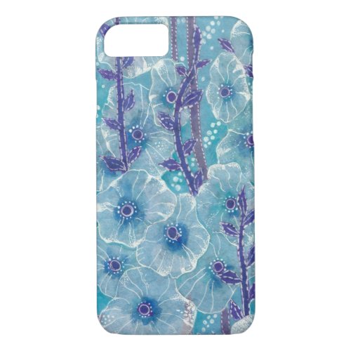 Blue Hollyhock Mallow Malva Flower Floral Painting iPhone 87 Case